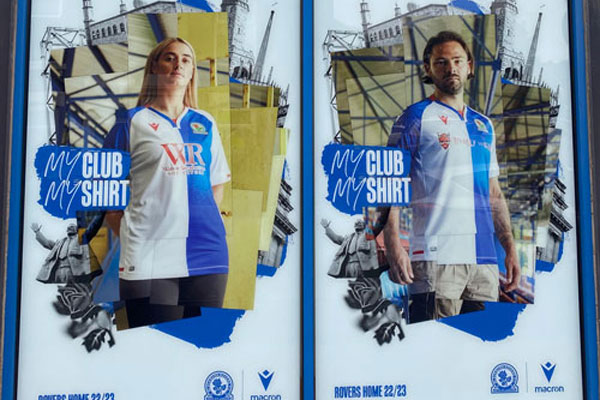 A section of Blackburn Rovers FC shop window promoting the new home kit.