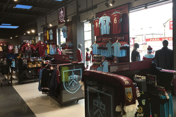 Burnley FC Club shop, view across to entrance.